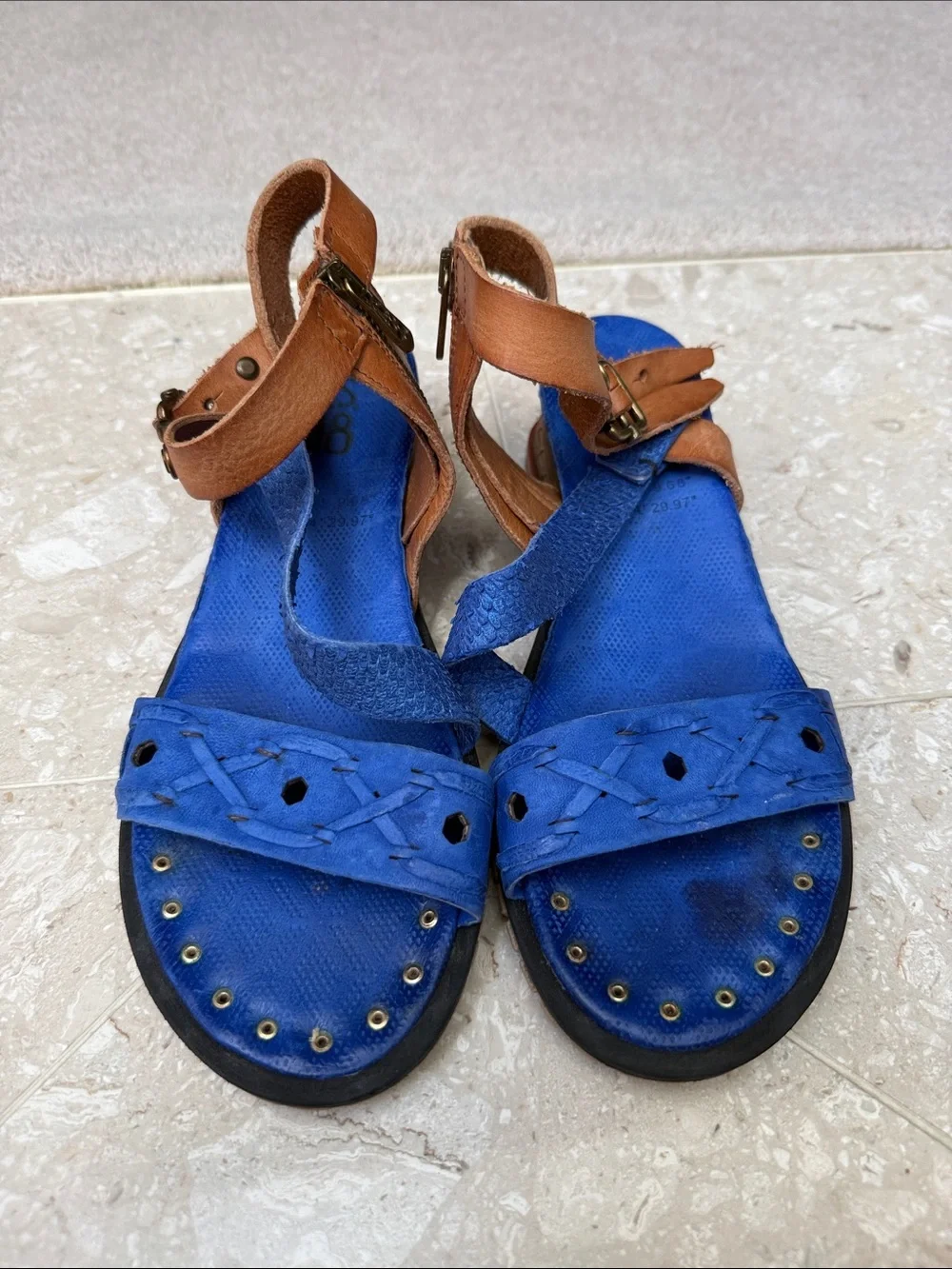 A.S.98 Blue Gladiator Strappy Ankle Buckle Zippered Wedge Sandals Studs Sz 40